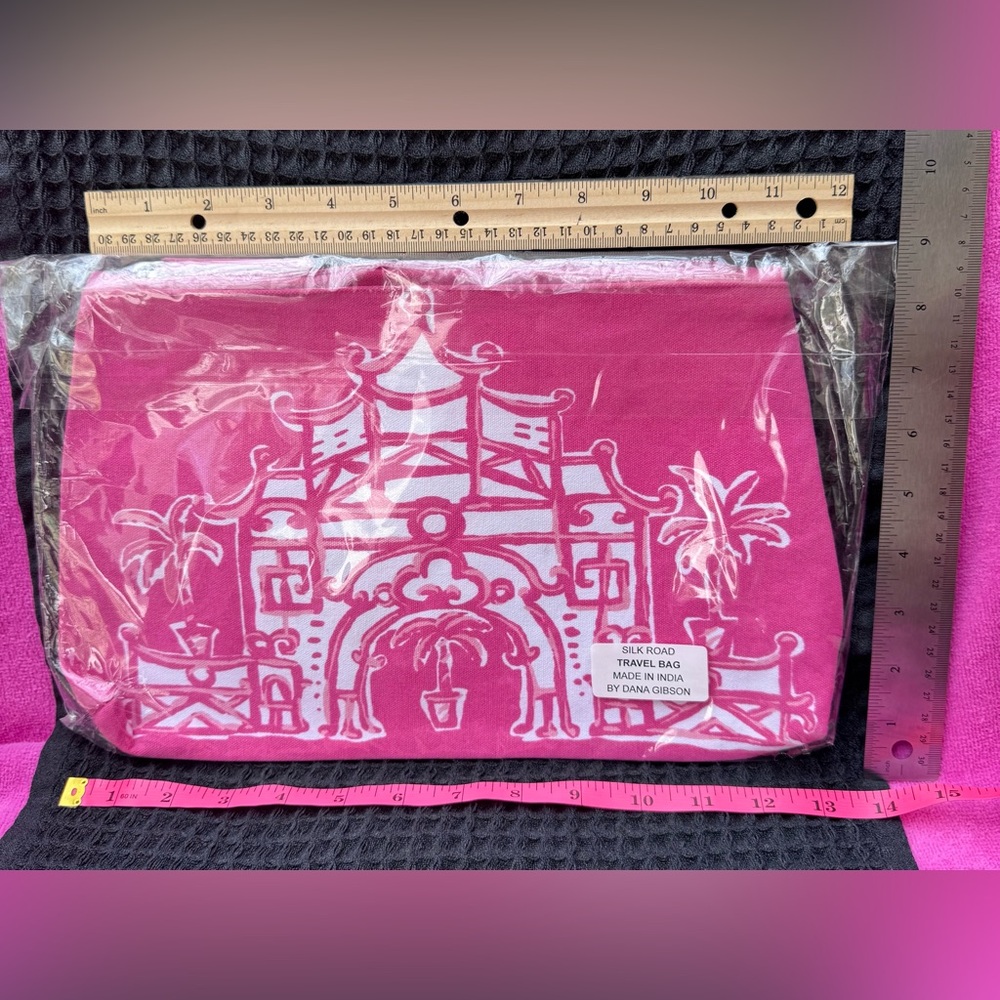 Dana Gibson “Silk Road” Pink & White Canvas Zipper Pouch
